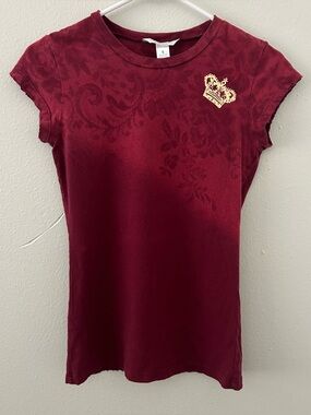 Y2K Aeropostale Baby Tee Red Gold Foil Crown Sz S Distressed Cap Sleeve Princess